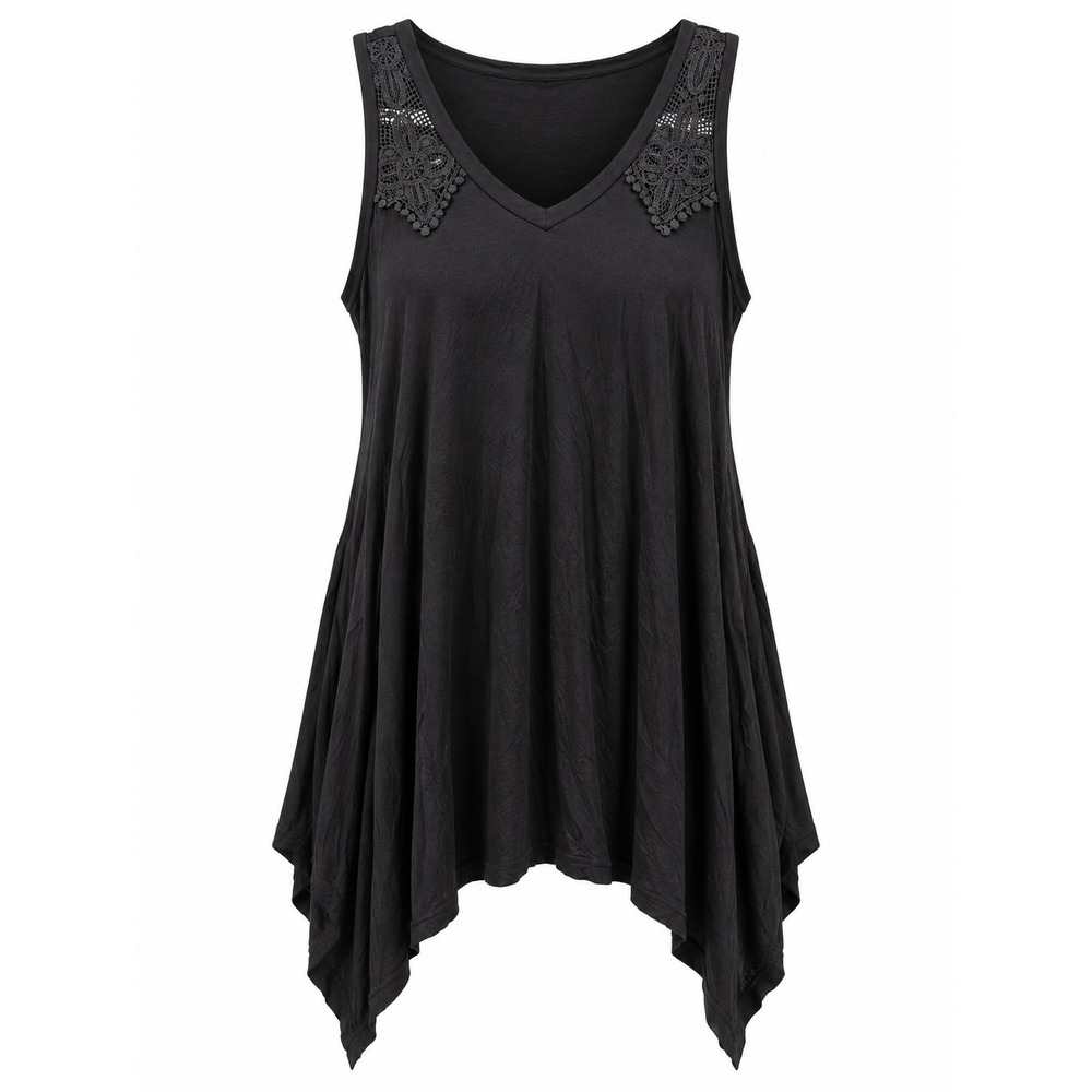 Vocal Women's XL Black Lace Shoulder Handkerchief Hem Tunic Top Made in USA